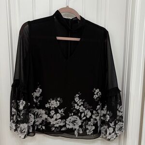 White House Black Market Black Sheer Floral Blouse